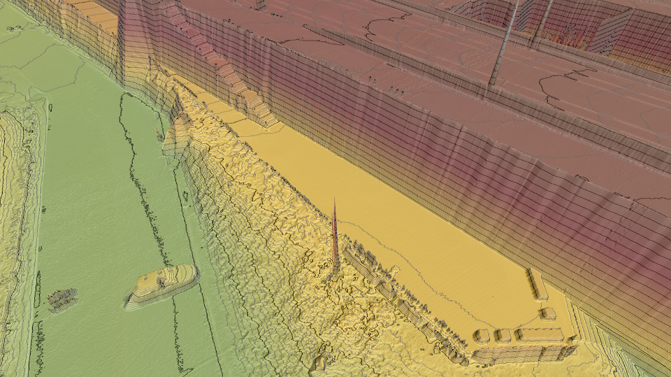LiDAR data seen through the hill shade, contours and elevation lens combination