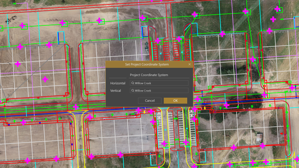 CAD file accurately aligned to a drone orthophoto in the local coordinate system, Willow Creek.