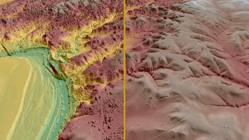 Elevation model from a point cloud with vegation (left) and without vegetation (right) classes